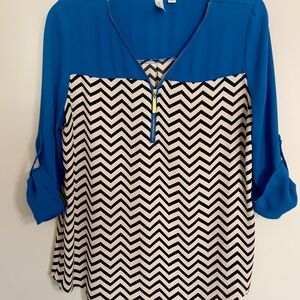 Y2K Popover Chevron Blouse Sz L Roll Tab Sleeve Gold Zip Boho Coastal Cowgirl